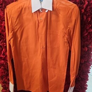 Berlioni Italy Men's Orange Dress Shirt with White Collar and Cuffs Size Medium
